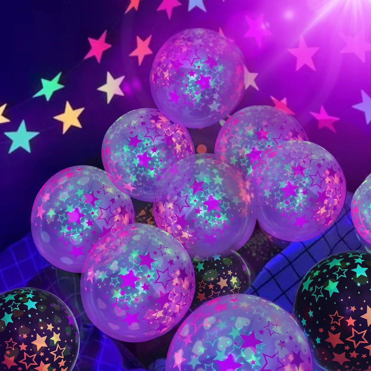 90 Pcs UV Neon Balloons ,Neon Stars Glow Party Black Light in the dark for Birthday Decorations