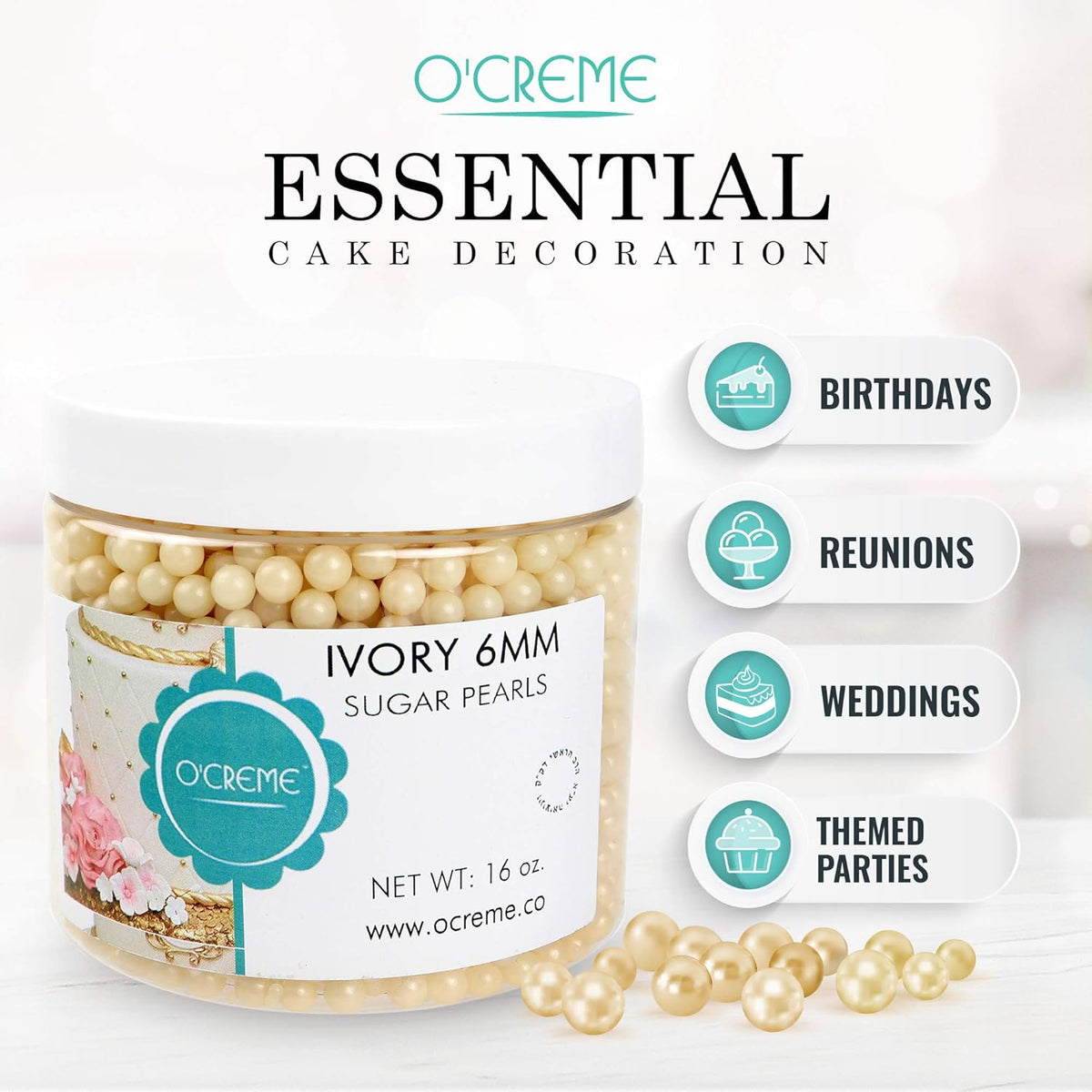 O'Creme Ivory Edible Sugar Pearls Cake Decorating Supplies for Bakers: Cookie, Cupcake & Icing