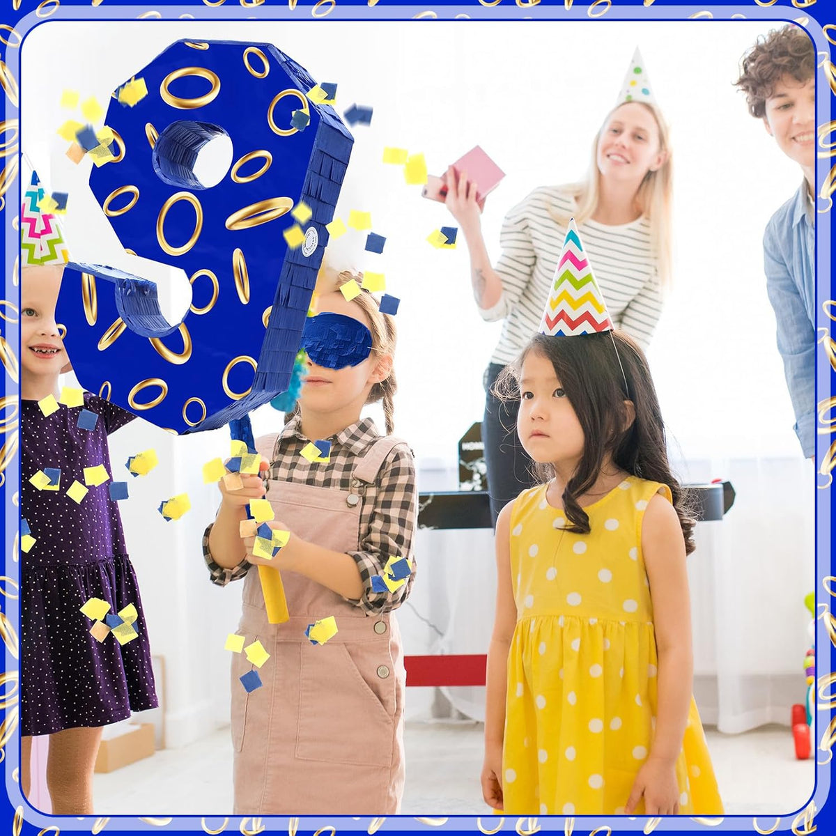 Number 9 Blue and Golden Rings Piñata for Kids Birthday Cartoon Theme Small Piñata with Blindfold