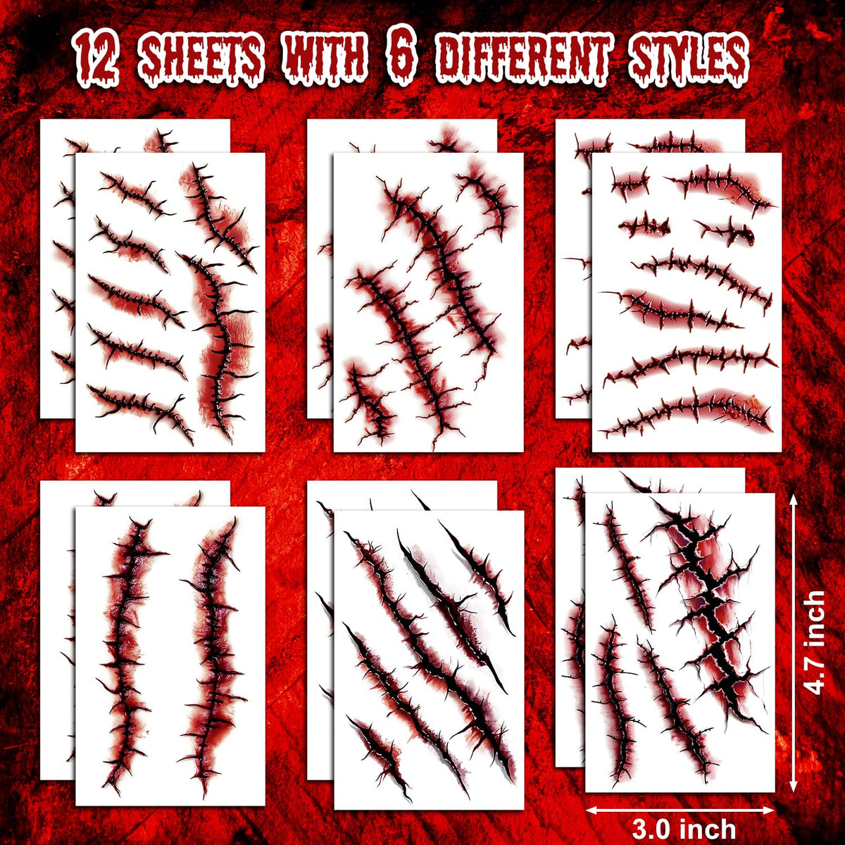JCFIRE 12 Sheets Halloween Makeup Kit, Fake Scars Halloween Temporary Tattoos for Kids Adults