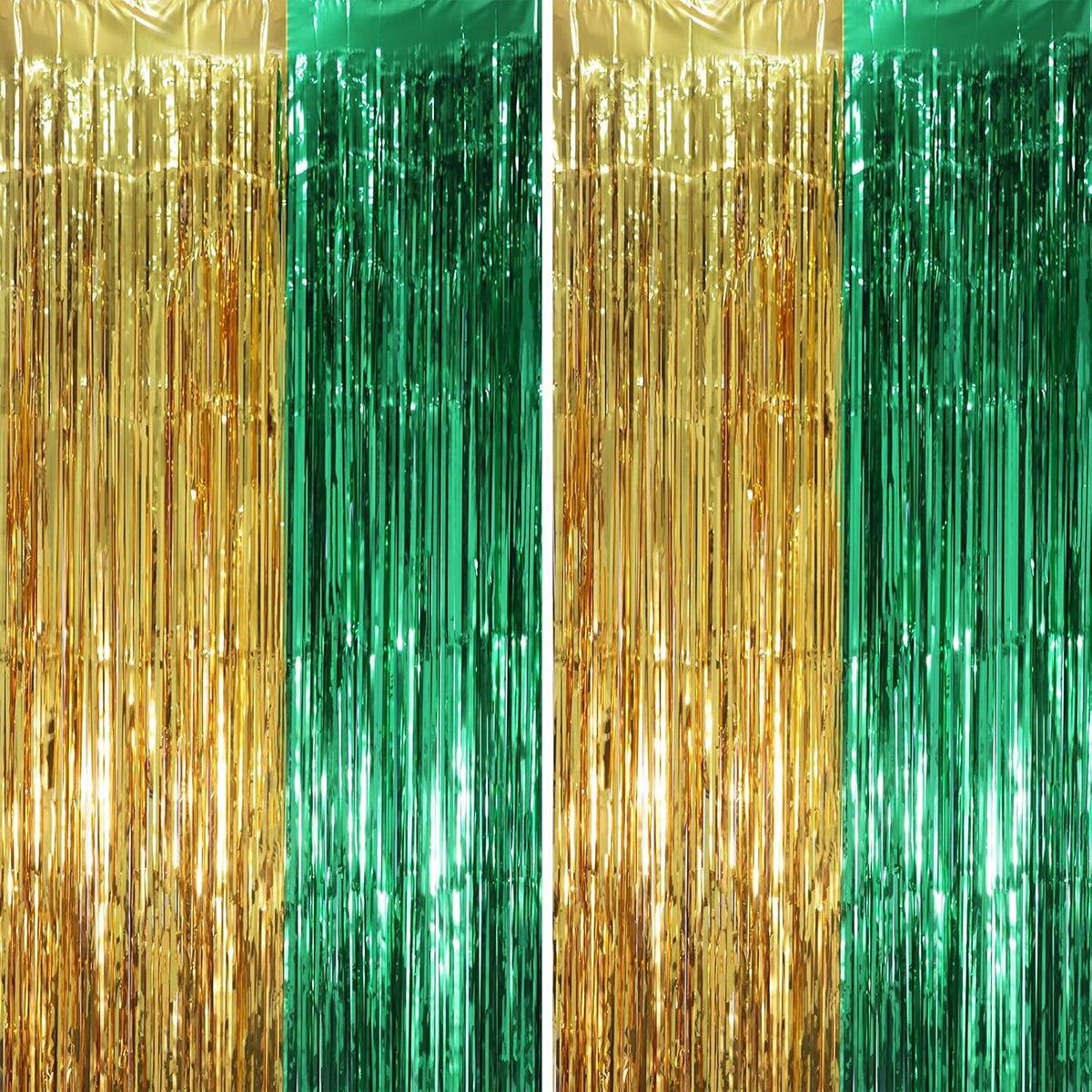 2 Pack Green and Gold Foil Fringe Backdrop Curtains, Tinsel Streamers Party Decorations, Fringe