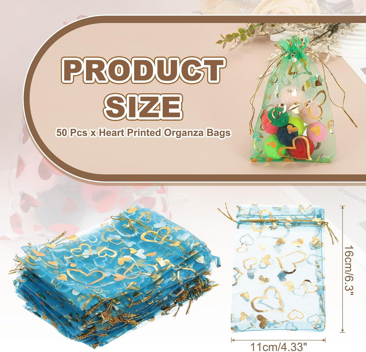 PATIKIL 50 Pcs 4x6 Inch Heart Printed Organza Bags, Lake Blue Sheer Heart Organza Bags with