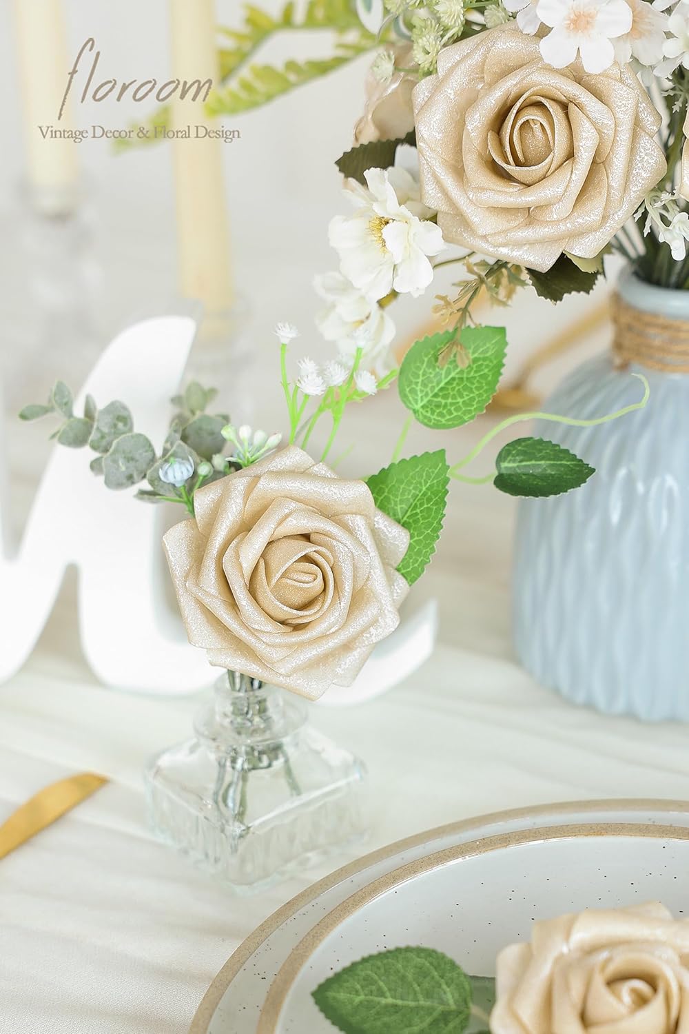Floroom Artificial Flowers 25pcs Real Looking Champagne Gold Foam Fake Roses with Stems for DIY
