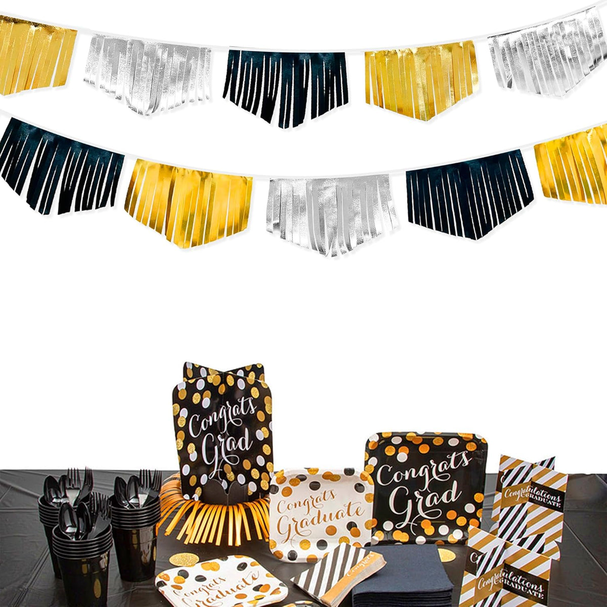 Black Silver Gold Tassel Banner Double Sided Metallic Fabric Pennant Bunting Flag Garland for