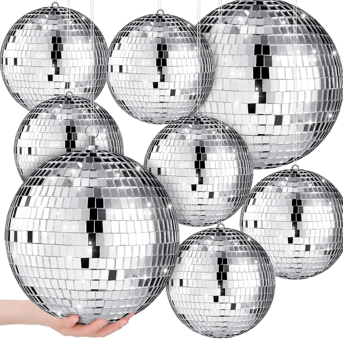 Haull 8 Pcs Large Disco Ball Set Silver Mirror Disco Reflective Ball with Hanging Ring Party