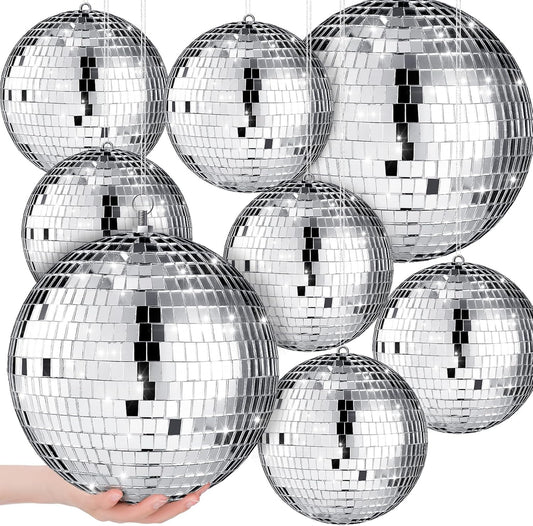 Haull 8 Pcs Large Disco Ball Set Silver Mirror Disco Reflective Ball with Hanging Ring Party