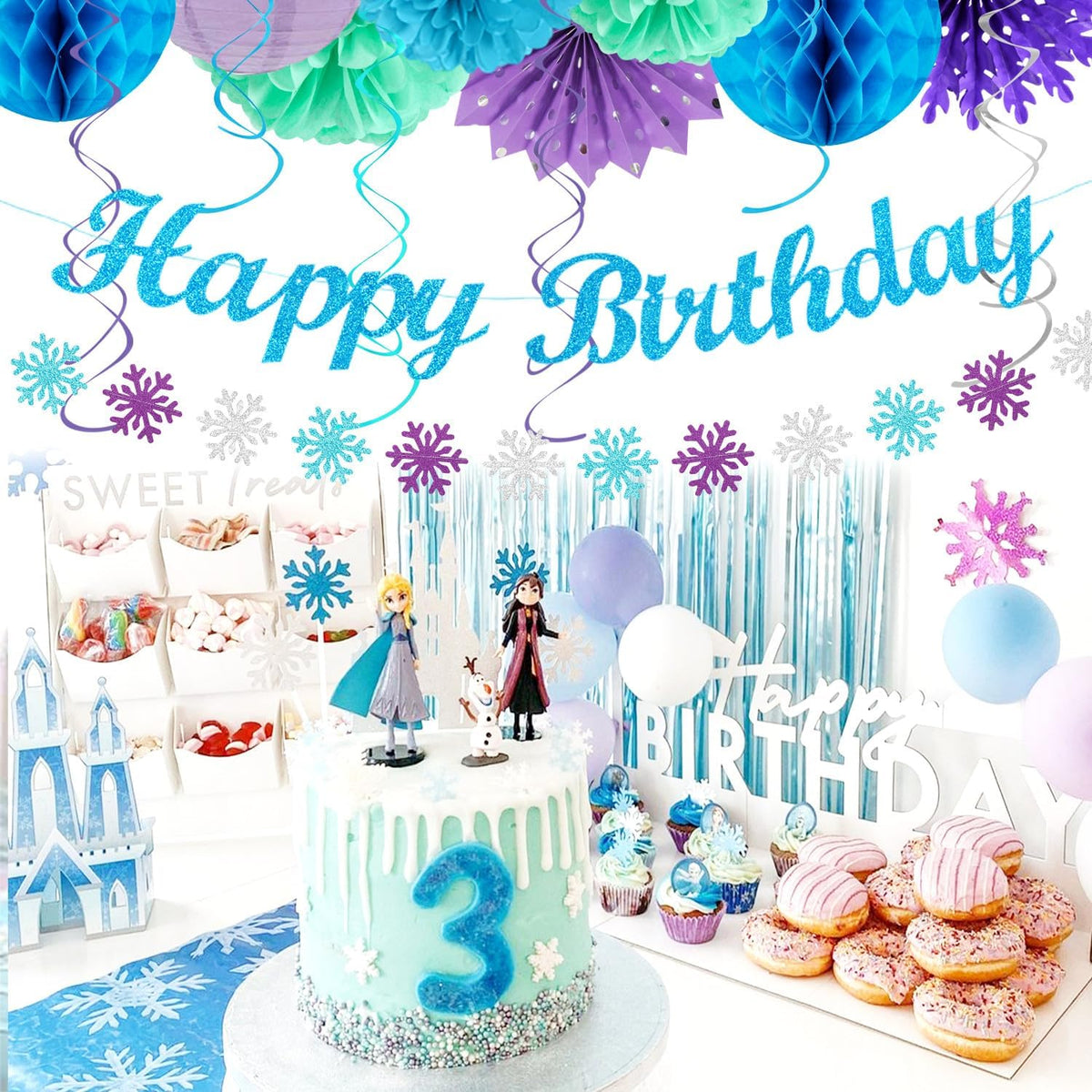 Winter-Wonderland Christmas-Snowflake Frozen Birthday Party-Decorations - 21pcs Happy Banner,Blue