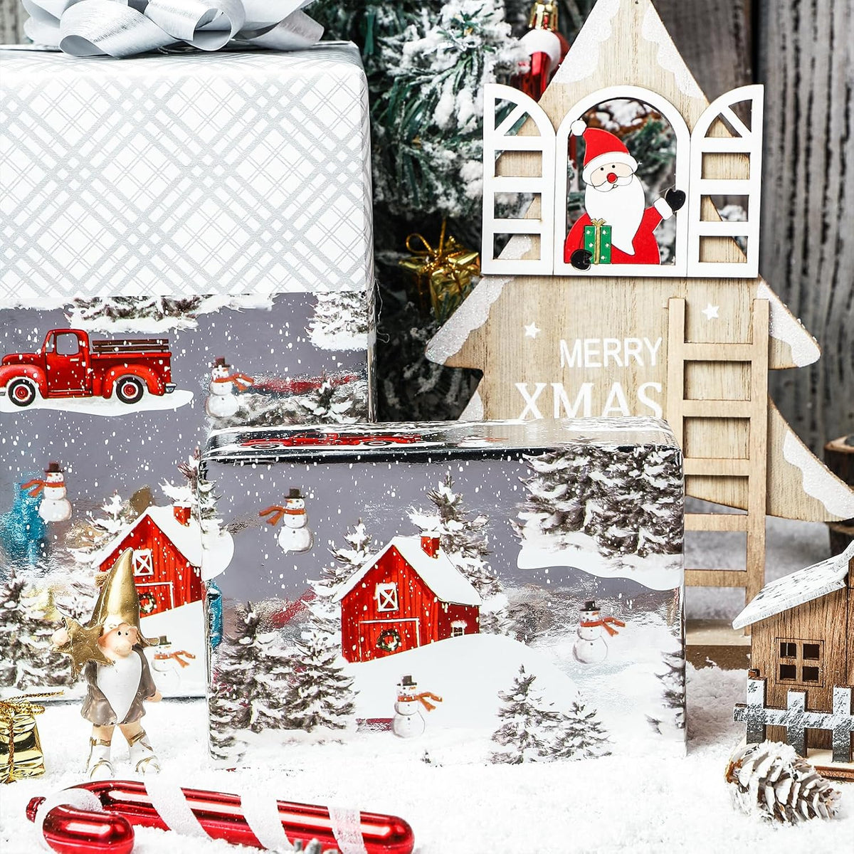 LeZakaa Christmas Silver Wrapping Paper Jumbo Roll for Boy Kid, Red Truck, Snowy Pine Forest & Grid
