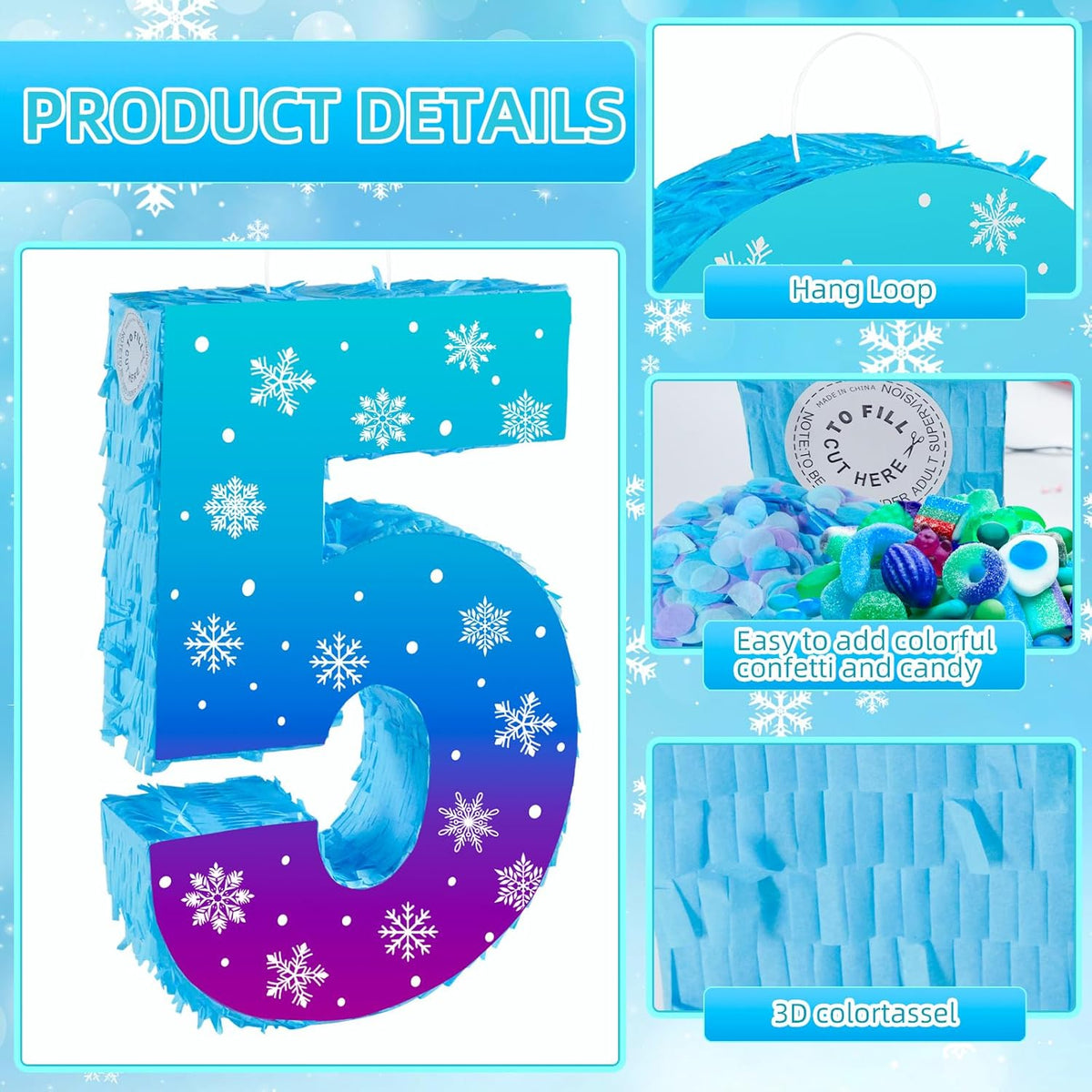Snowflake Birthday Decorations, Winter Ice Snowflake Number 5 Pinata with Stick Blindfold and