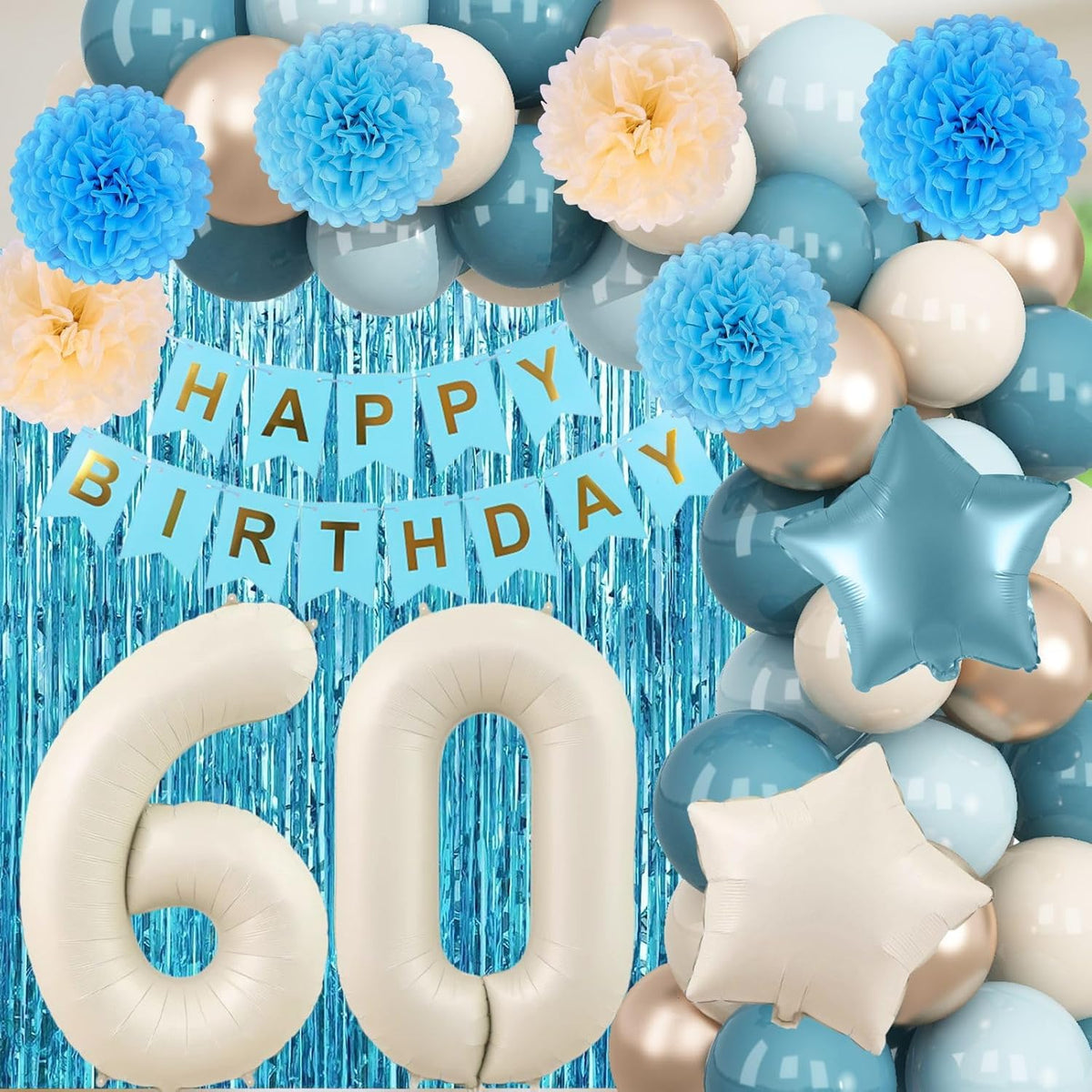 Dusty Blue 60th Birthday Party Decorations for Women Men Beige Cream Number 60 Balloon with Blue