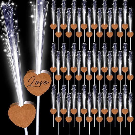 50 Pcs Wedding Sparklers Heart Shaped LED Glow Sticks Fiber Optic Wands Light up Wand with 3 Light