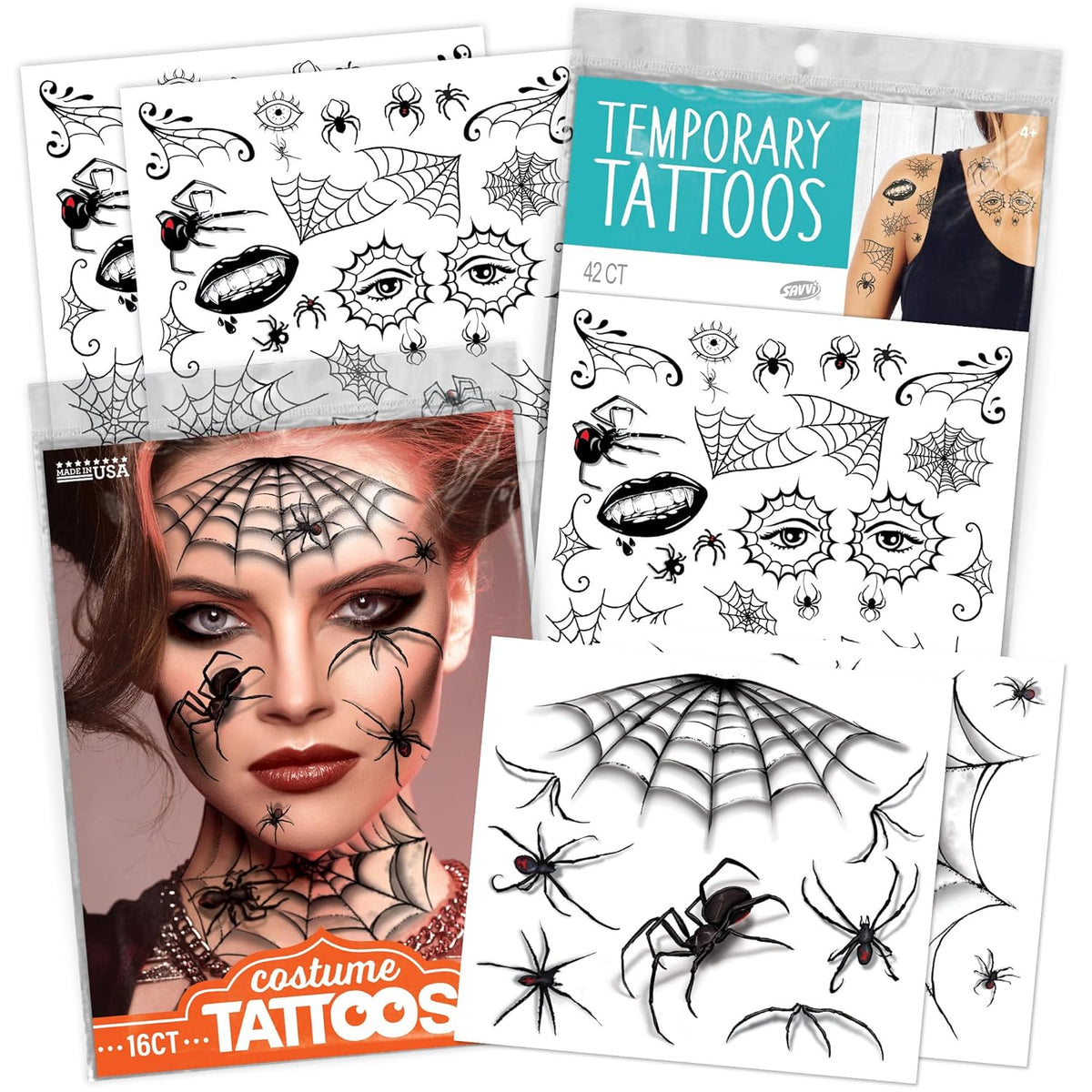 Assorted Spider Temporary Tattoos Variety Pack – Creepy Crawly Halloween Tattoos for Kids, 50+