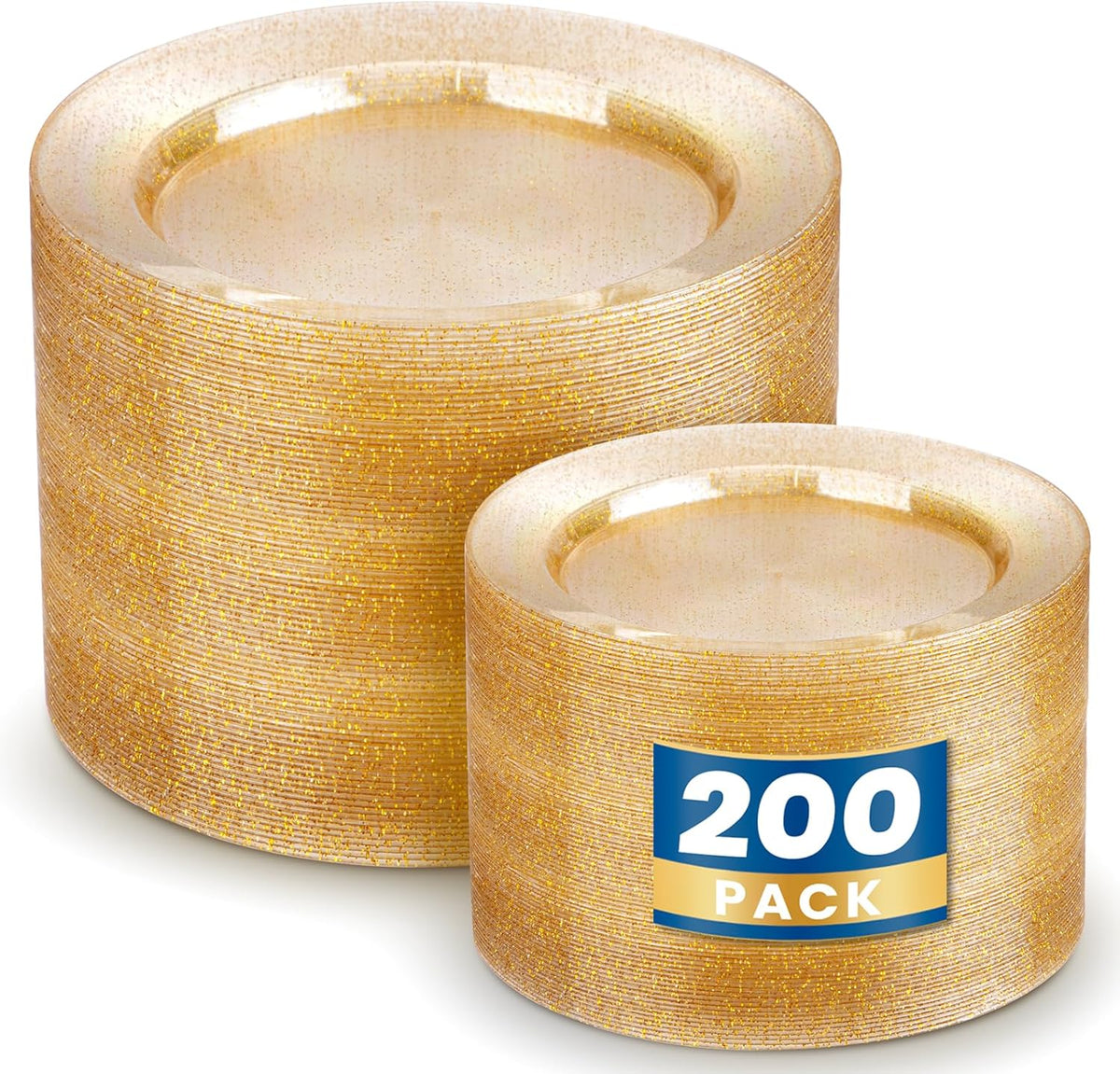 WDF 200PCS Gold Plastic Plates - Gold Glitter Plastic Plates - Heavy Duty Gold Glitter Disposable