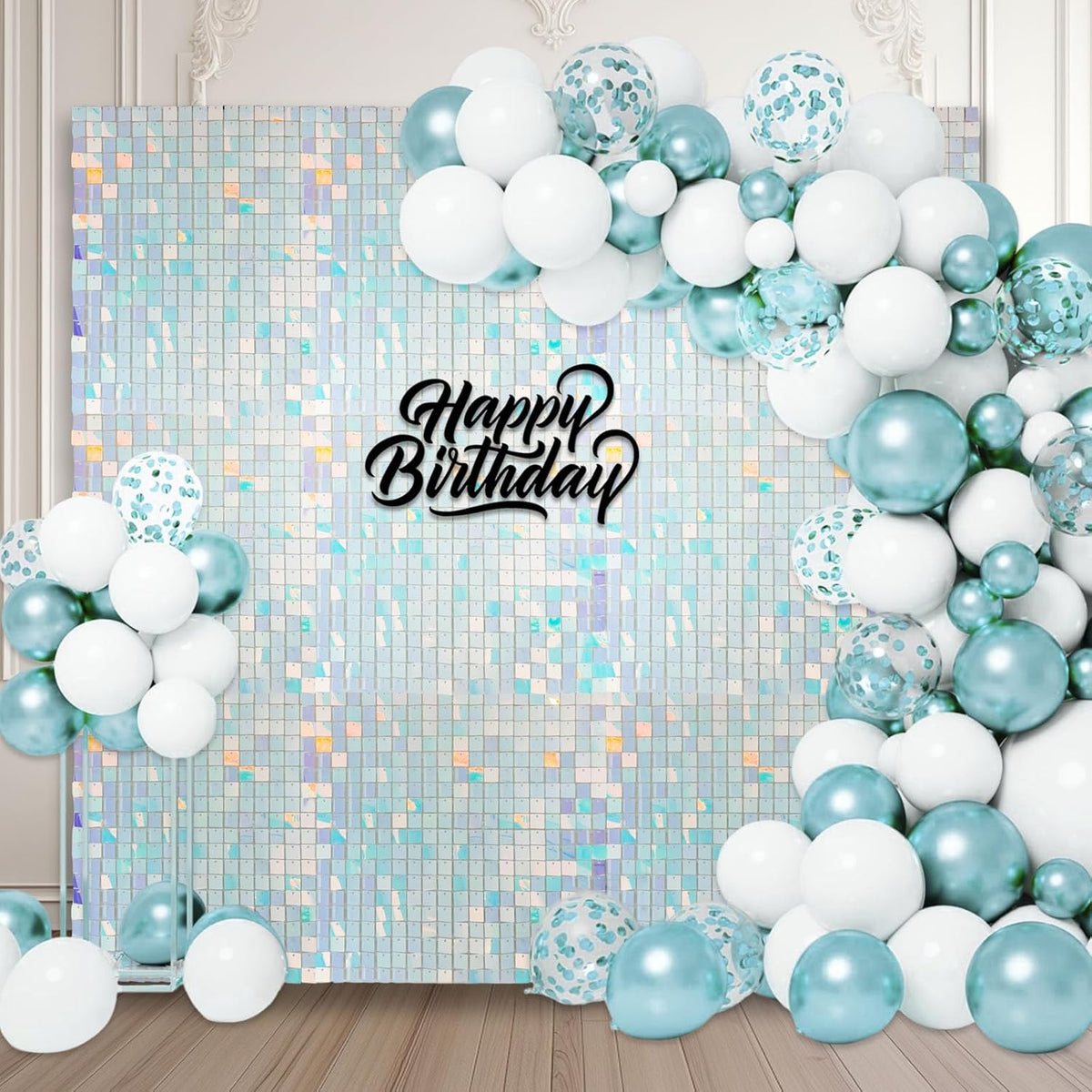 12PCS Colorful Blue Shimmer Wall Backdrop, Square Sequin Photo Backdrops Panel, Glitter Wall