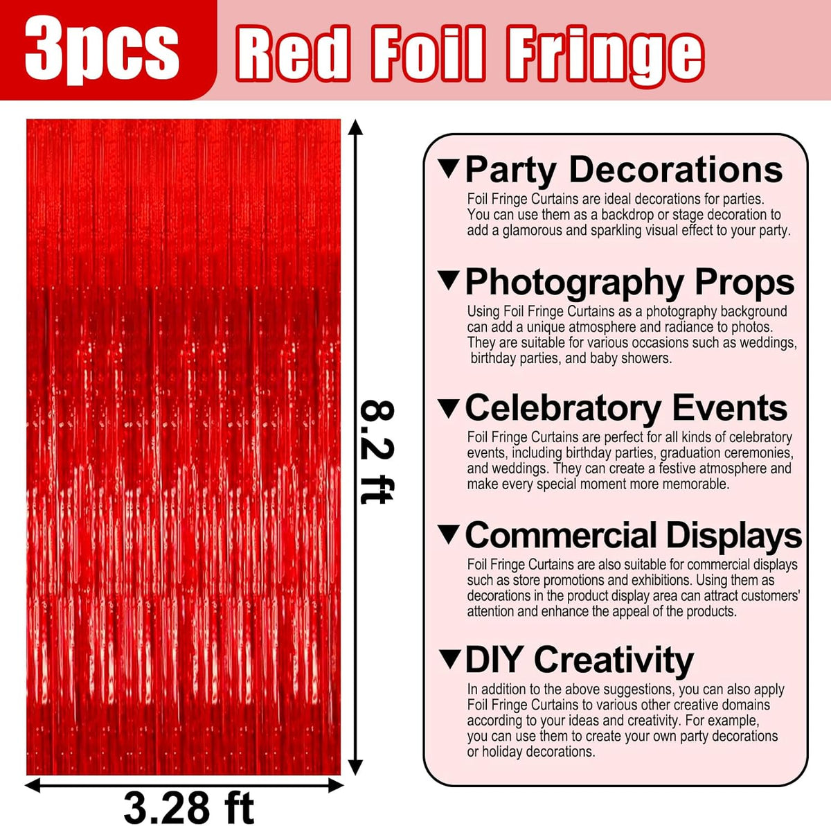 3 Pack Red Foil Fringe Curtain Backdrop, 3.28Ft x 8.2Ft Metallic Tinsel Foil Fringe Streamer