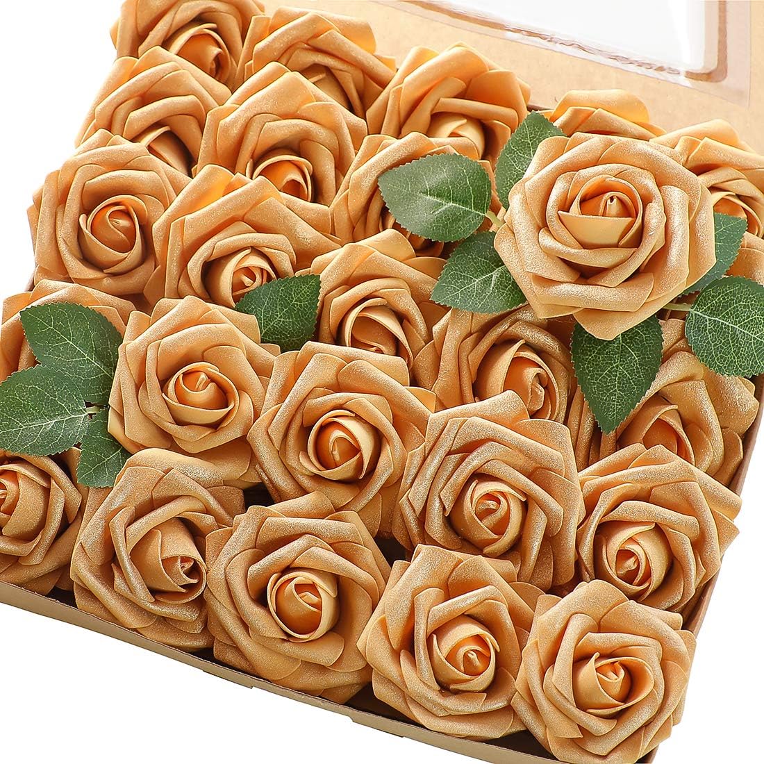 Floroom Artificial Flowers 25pcs Real Looking Gold Foam Fake Roses with Stems for DIY Wedding