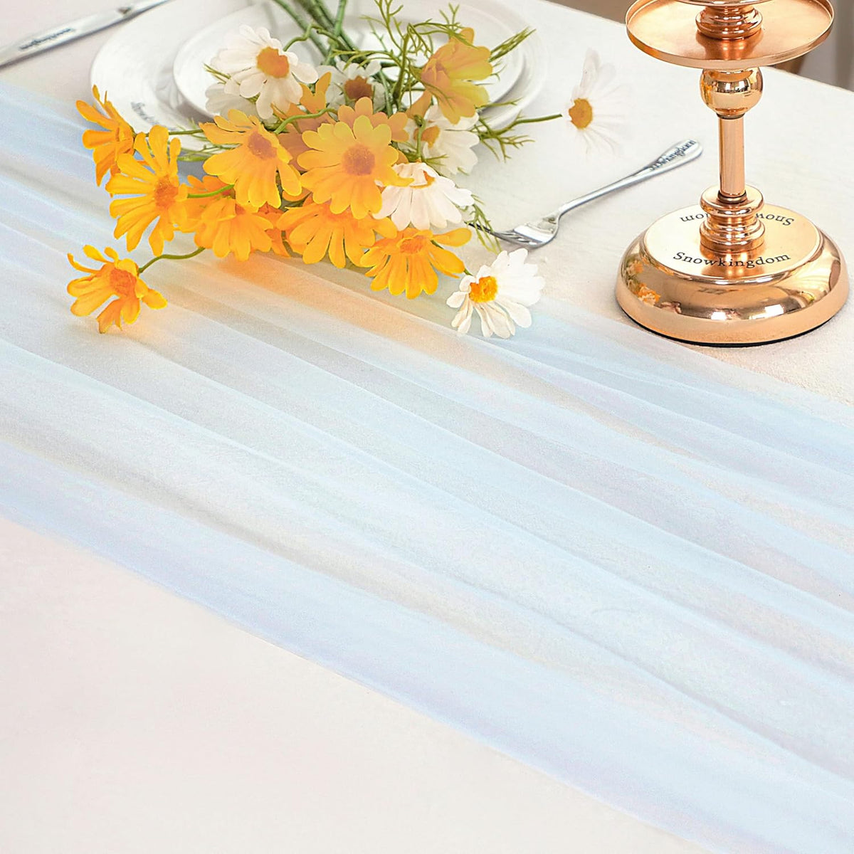 Snowkingdom Light Blue Cheesecloth Table Runner 10FT, Baby Blue Sheer Tulle Gauze Runner 120 Inch
