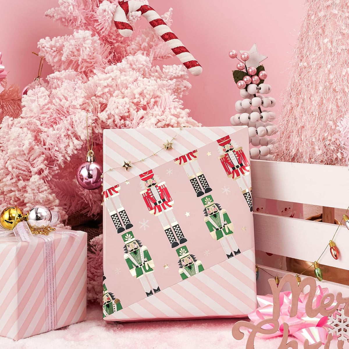 LeZakaa Christmas Pink Wrapping Paper Mini Roll for Kids, Pink Metallic Foil Gift Wrap Paper with
