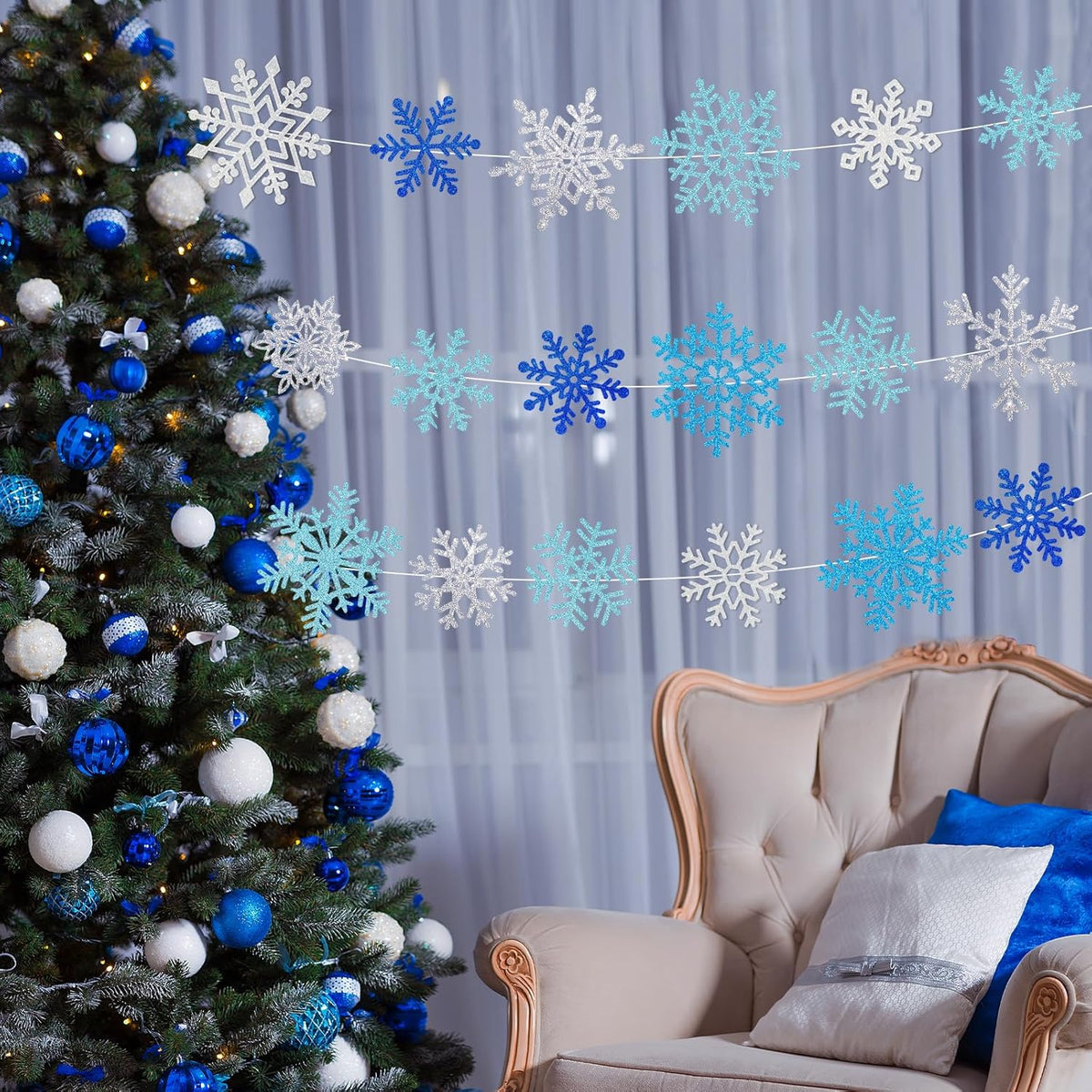 Winter Snowflake Cutouts Glitter Paper Decorations - 50Pcs Blue and Silver Double-Side Christmas