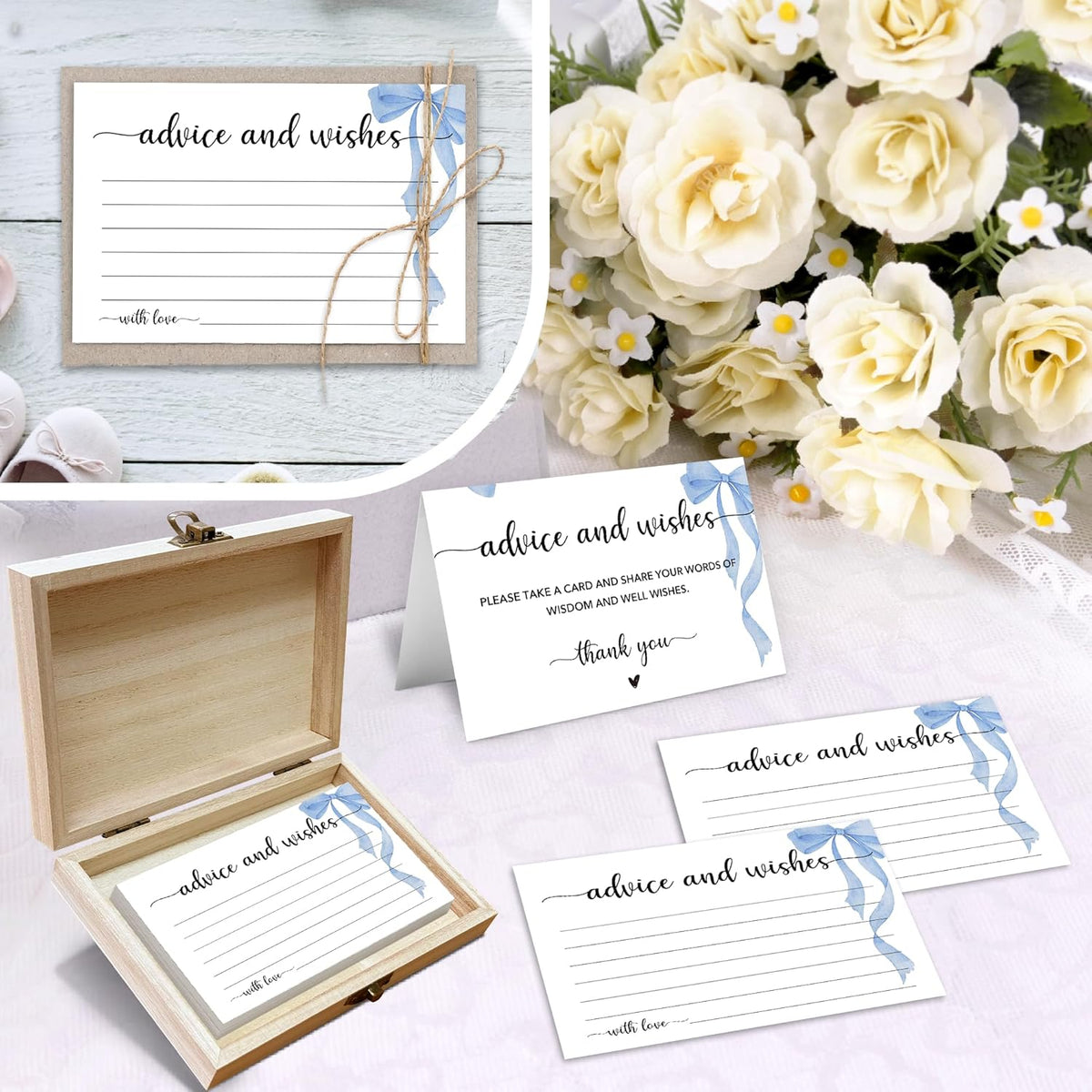 Advice and Wishes Cards Box, 50 Pcs Birthday Wedding Baby Shower Advice Cards, Well Wishes Box for