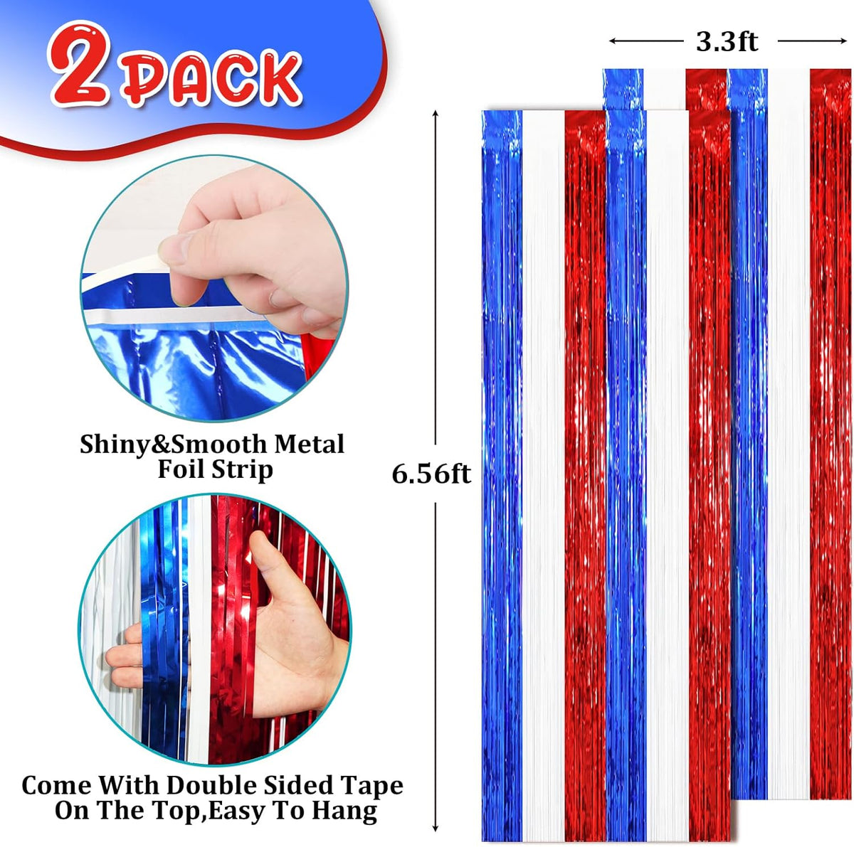 2 Pack Red White and Blue Tinsel Foil Fringe Curtains, 4th of July Decorations, Metallic Tinsel