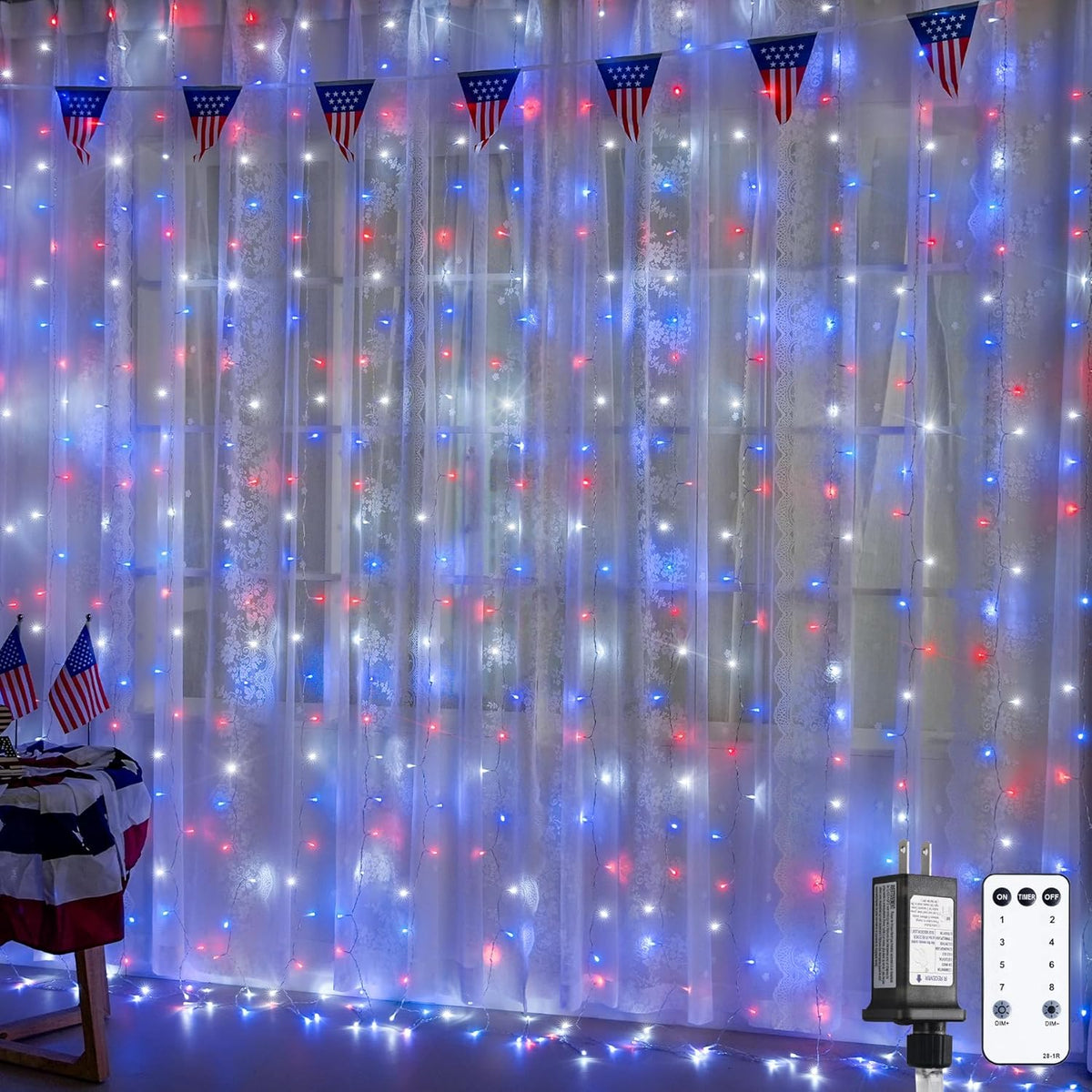JMEXSUSS 300LED Red White and Blue Lights with Remote, 4th of July Lights Plug in, Patriots Curtain
