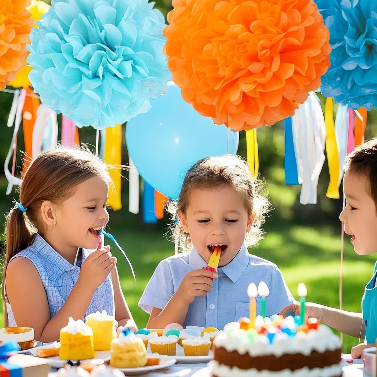 Capesaro Blue and Orange 12PCS Paper Pom Poms Party Decorations for Girl Birthday College