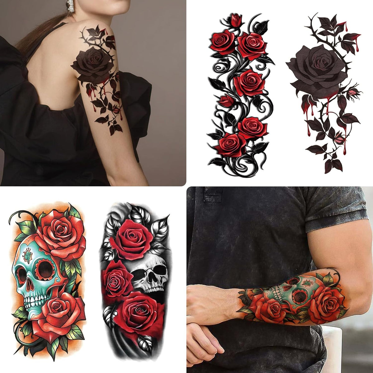 77 Sheets Skull Flower Realistic Temporary Tattoos For Women Men Adult, Large Rose Bones & Flowers