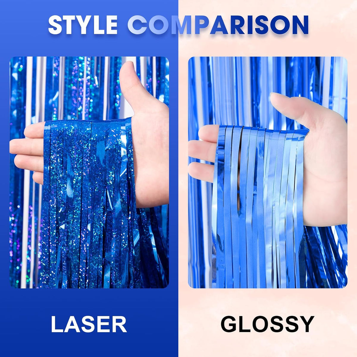3 Pack 3.3 x 8.2 ft Laser Blue Foil Fringe Backdrop Curtains, Tinsel Streamers Birthday Party