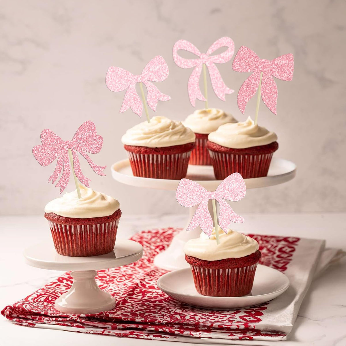 Gyufise 36Pcs Bow Cupcake Toppers Glitter Bowknot Cupcake Picks Bow Tie Birthday Decorations