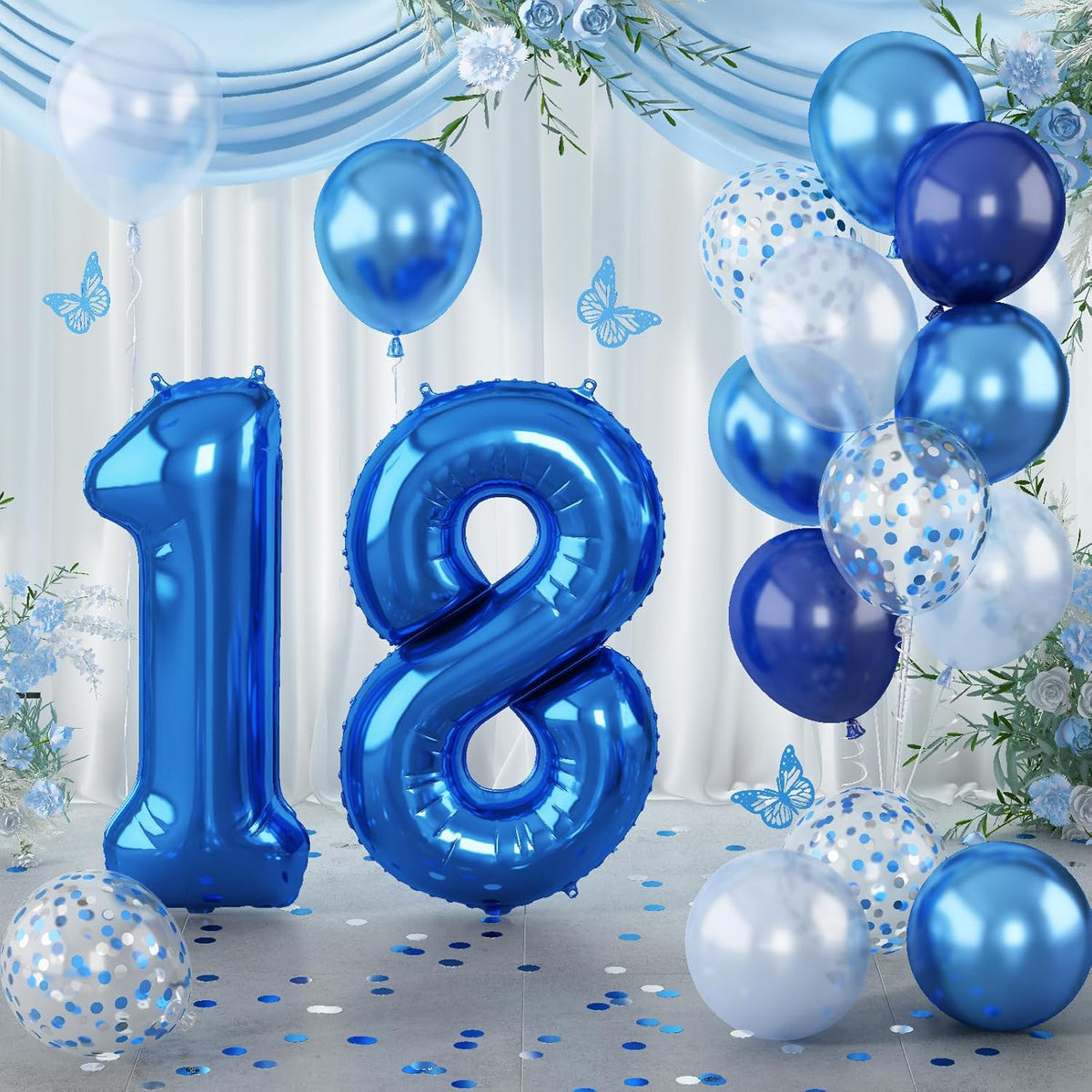 Navy Blue 18 Balloons, 40 Inch Dark Blue Foil Number 18 Balloon Set, XXL Self Inflating 18 Helium