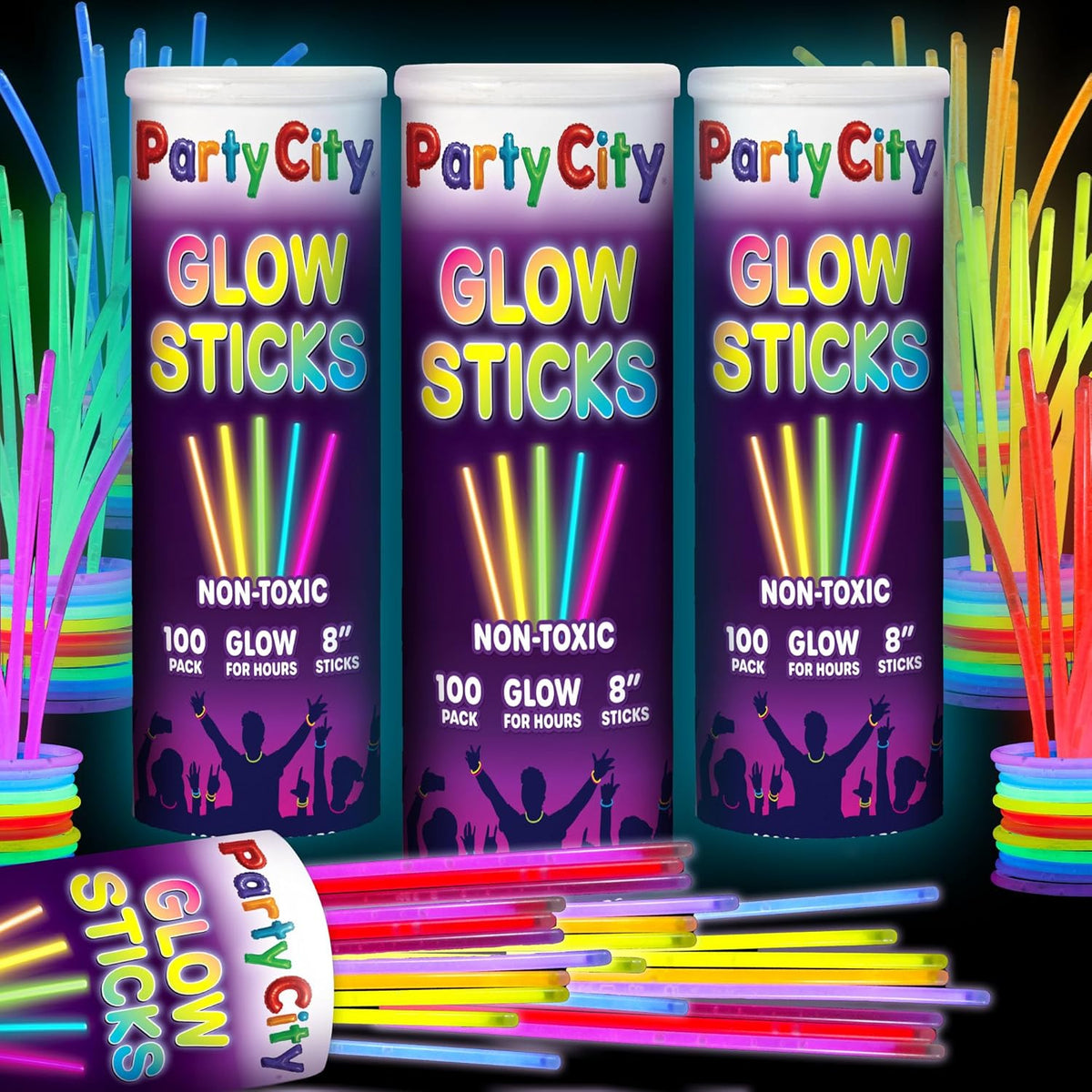 Party City 300 Glow Sticks Bulk Party Pack 8”– Neon Glow in the Dark Party Supplies, Glowsticks