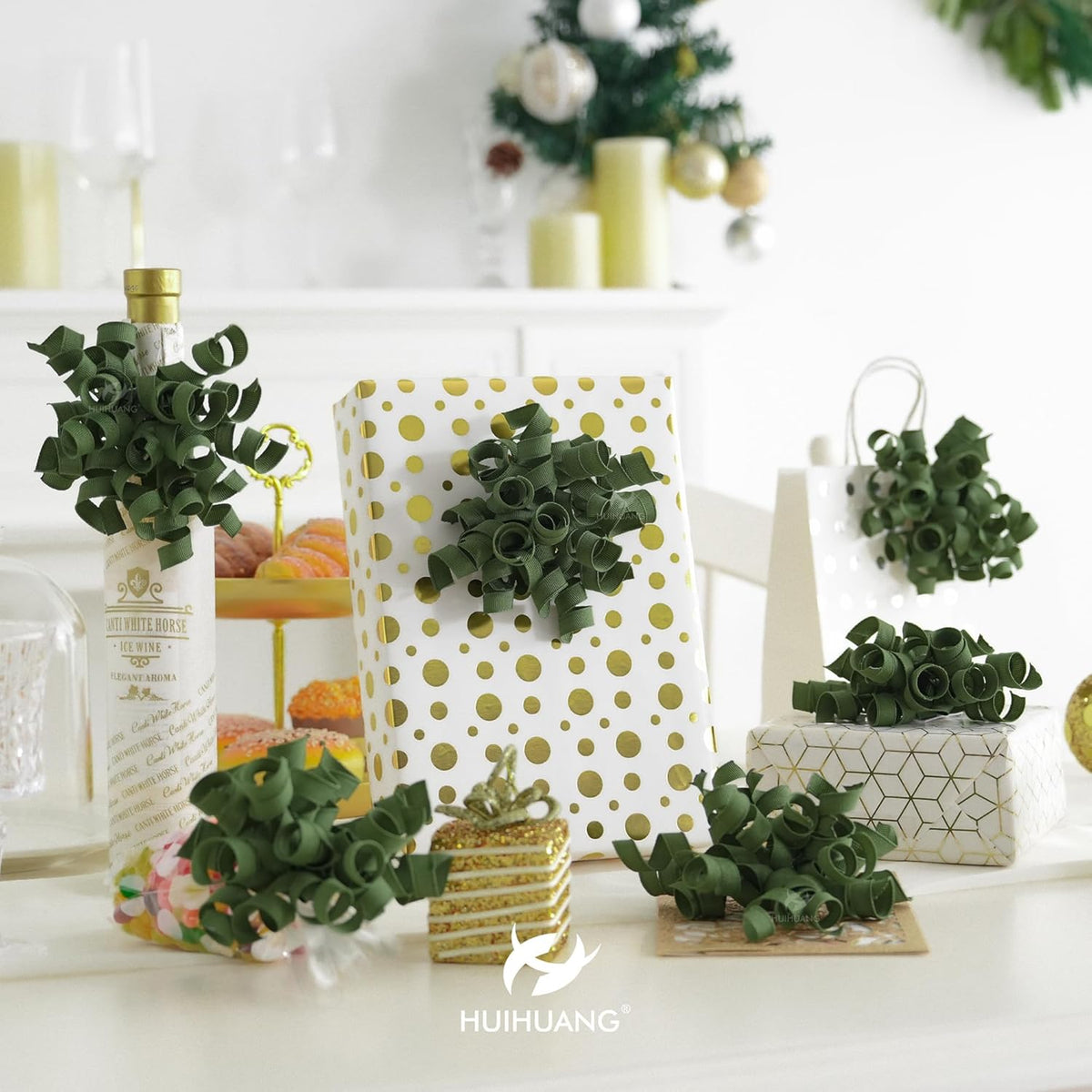 HUIHUANG Moss Green Bows for Gift Wrapping, Green Curly Ribbon Bows Self Adhesive Burst Gift Bow