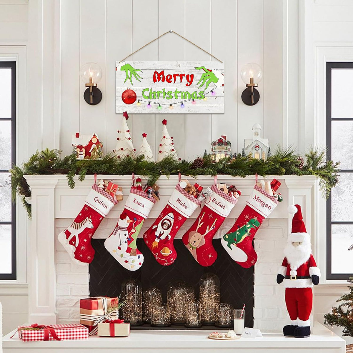 Merry Christmas Hanging Door Sign, Crazy Funny Green Festive Wooden Wall Welcome Decor Winter