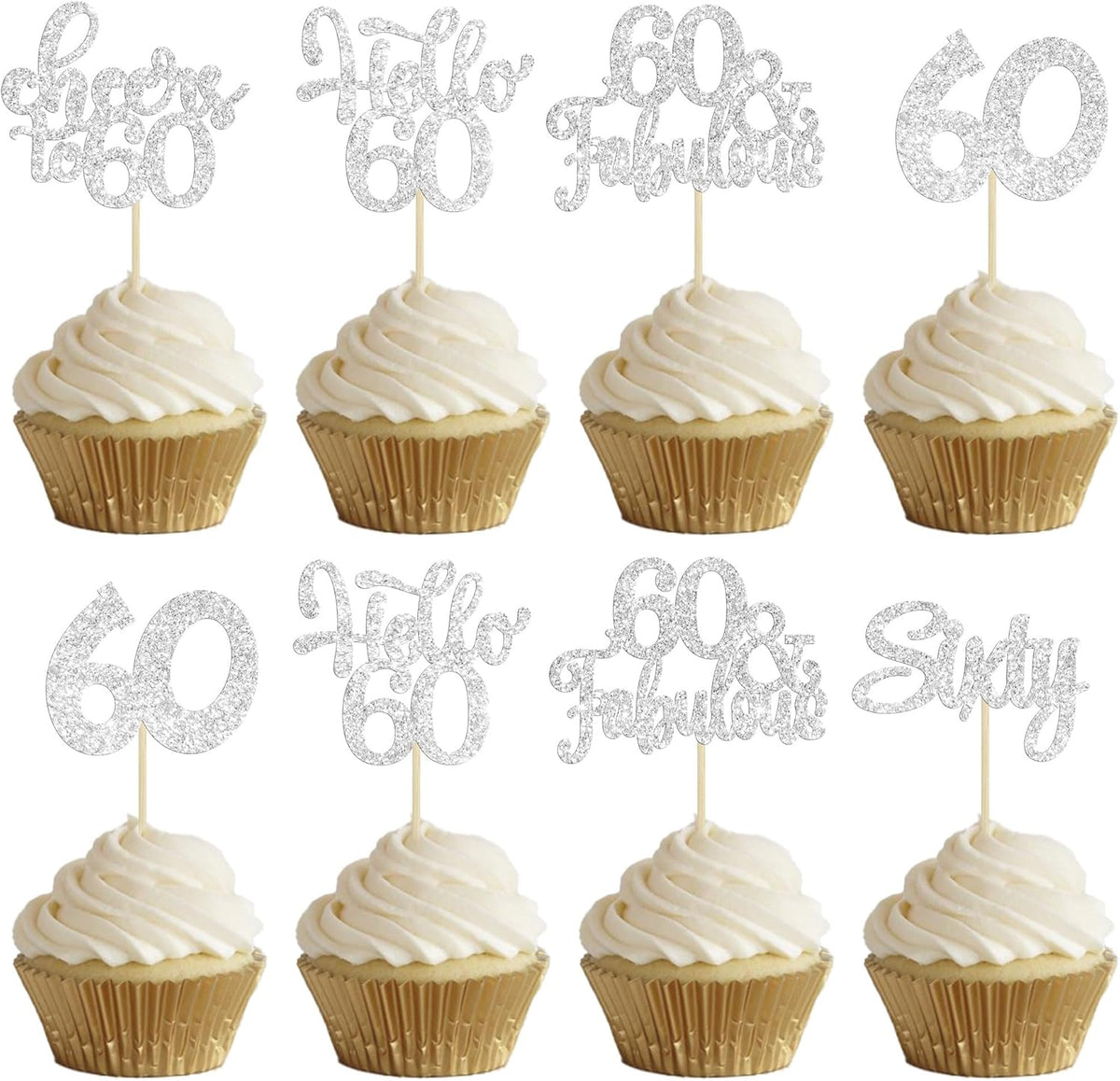 30Pcs Happy 60th Birthday Cupcake Toppers Silver Glitter Sixty Cake Toppers Cheers to 60 Years Old