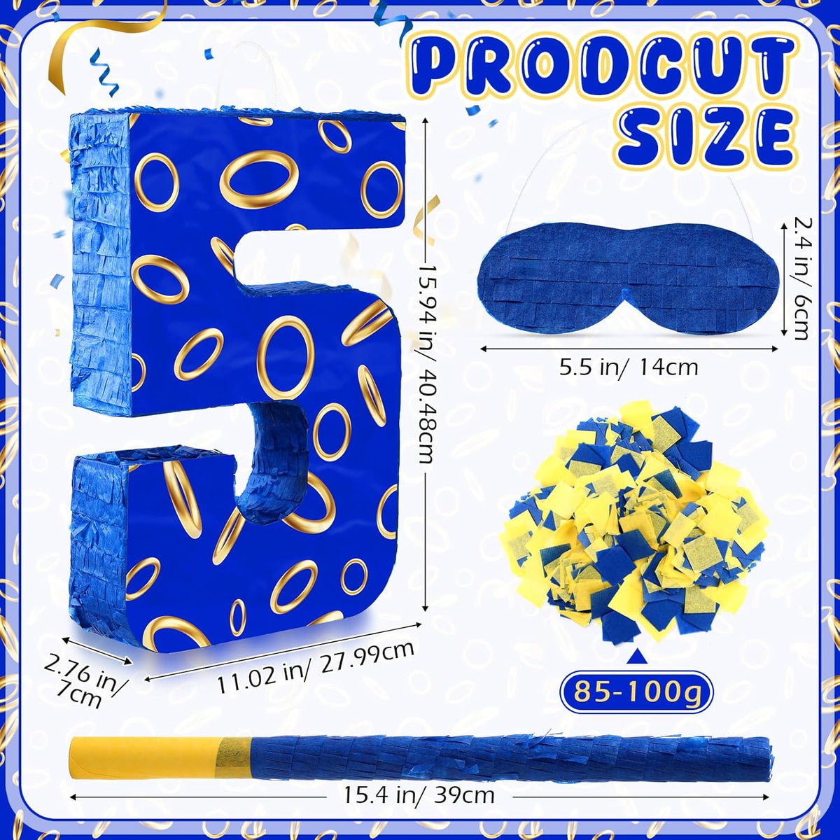 Number 5 Blue and Golden Rings Piñata for Kids Birthday Cartoon Theme Small Piñata with Blindfold