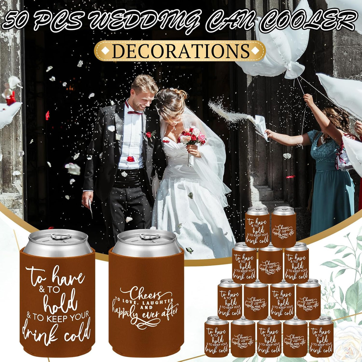50 Pieces Chocolate Wedding Can Cooler Sleeves Bulk Engagement Party Favors for Guests Cheers to
