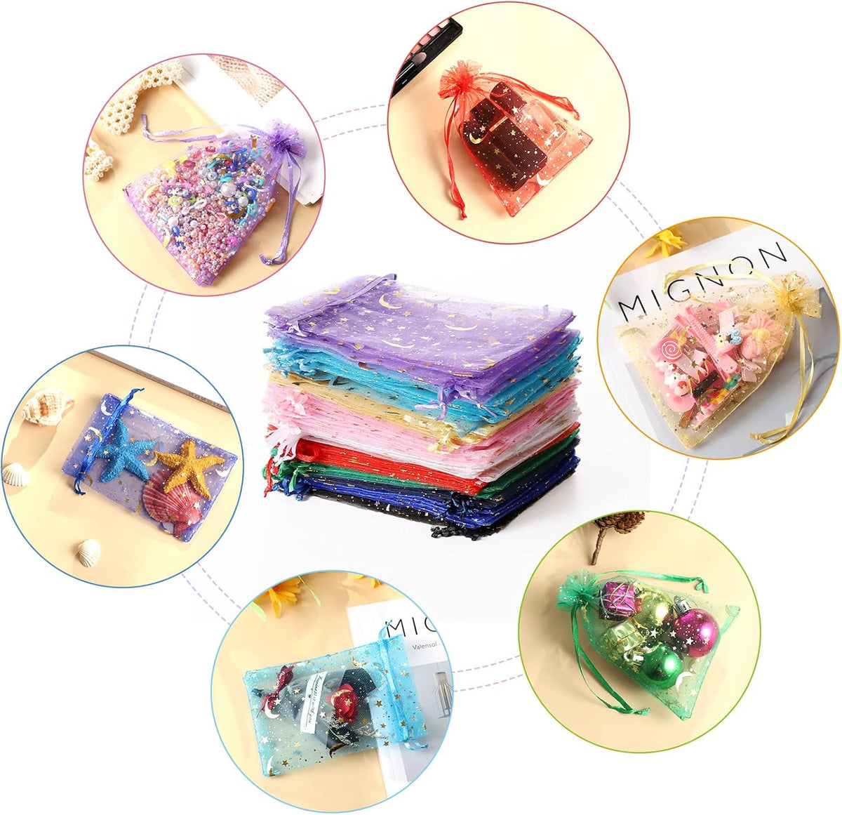 100PCS Moon Star Organza Bags, 4x6" Wedding Favors Bags with Drawstring, Mixed Color Little Mesh