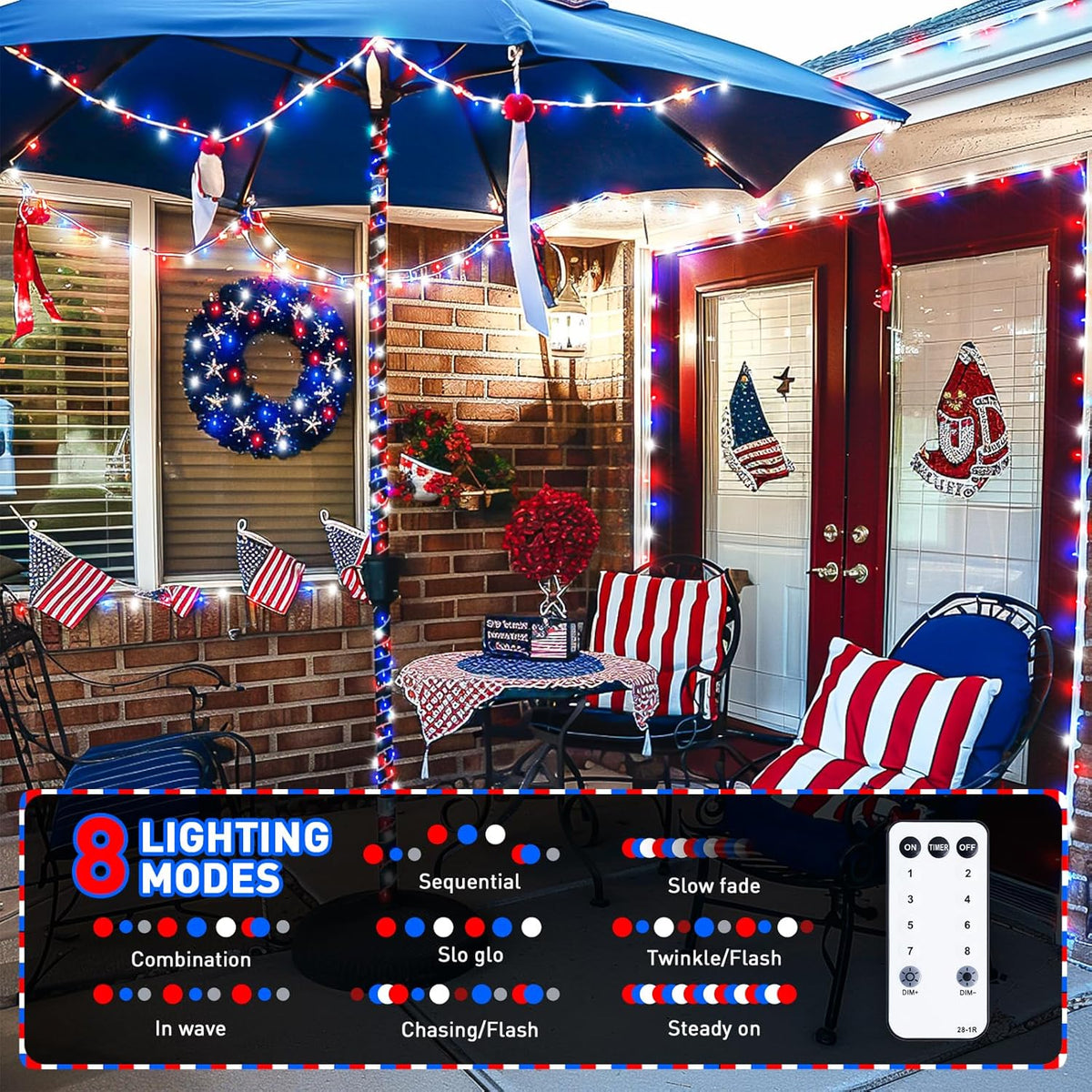 JMEXSUSS 600 LED Red White and Blue Lights Outdoor Plug in, 4th of July Decorations Outdoor Lights