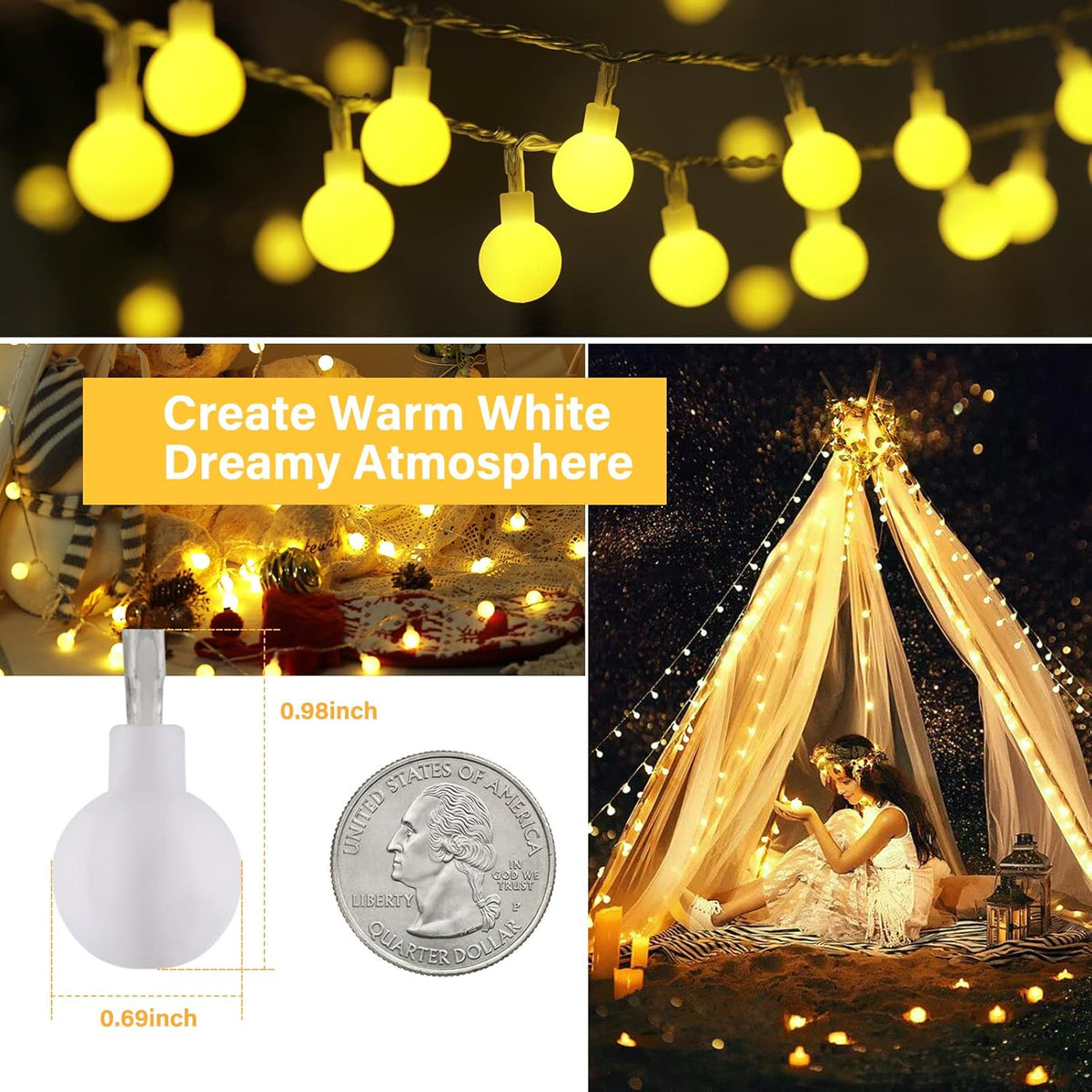 Minetom Mini Globe String Lights, 66 Ft. 200 LED Fairy String Lights Plug in, 8 Modes with Remote