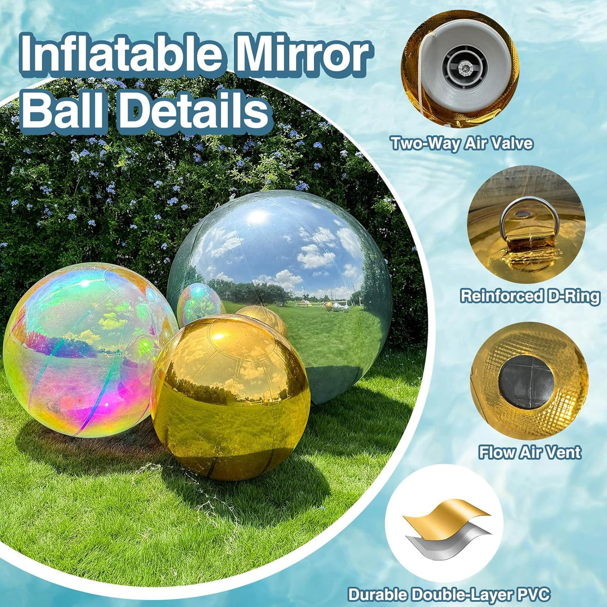 3PCS Silver Inflatable Mirror Ball, Big Shinny Balls Reusable Large PVC Disco Ball Balloon for