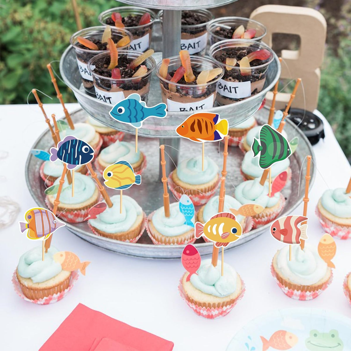 24pcs Fish Cupcake Toppers Go Fishing Theme Decorations Baby Shower Boys Girls Happy Birthday Party