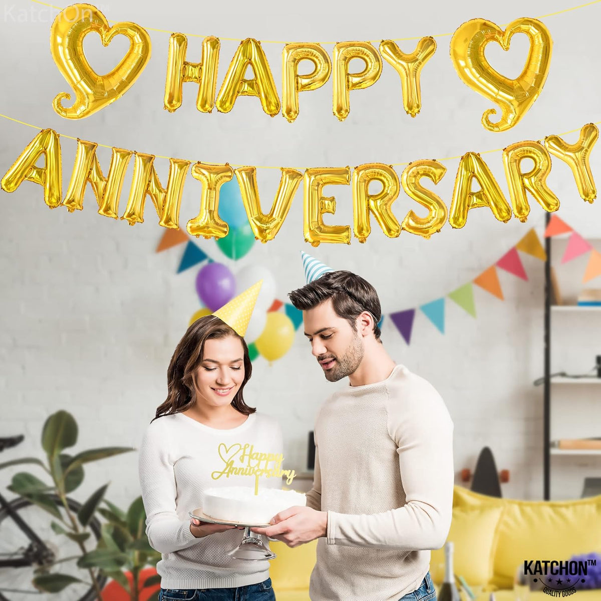 KatchOn, Gold Happy Anniversary Balloons Letters - 18 Inch, Heart Balloons Foil | Gold Happy
