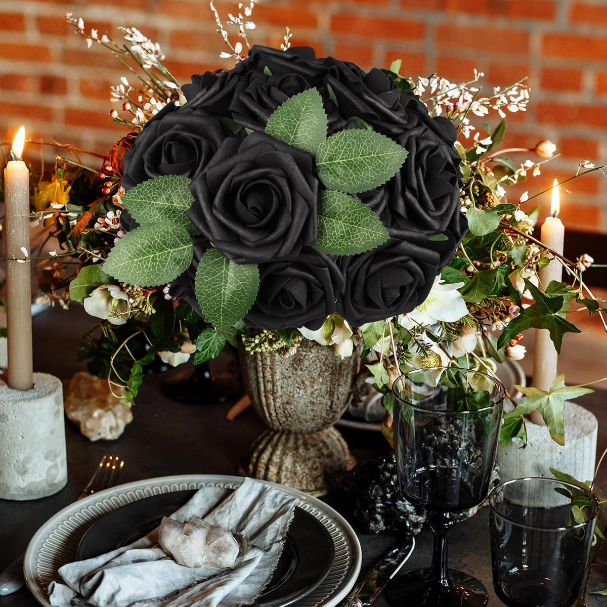 AmyHomie Artificial Flowers Black Rose 25pcs Real Looking Fake Roses w/Stem for DIY Wedding