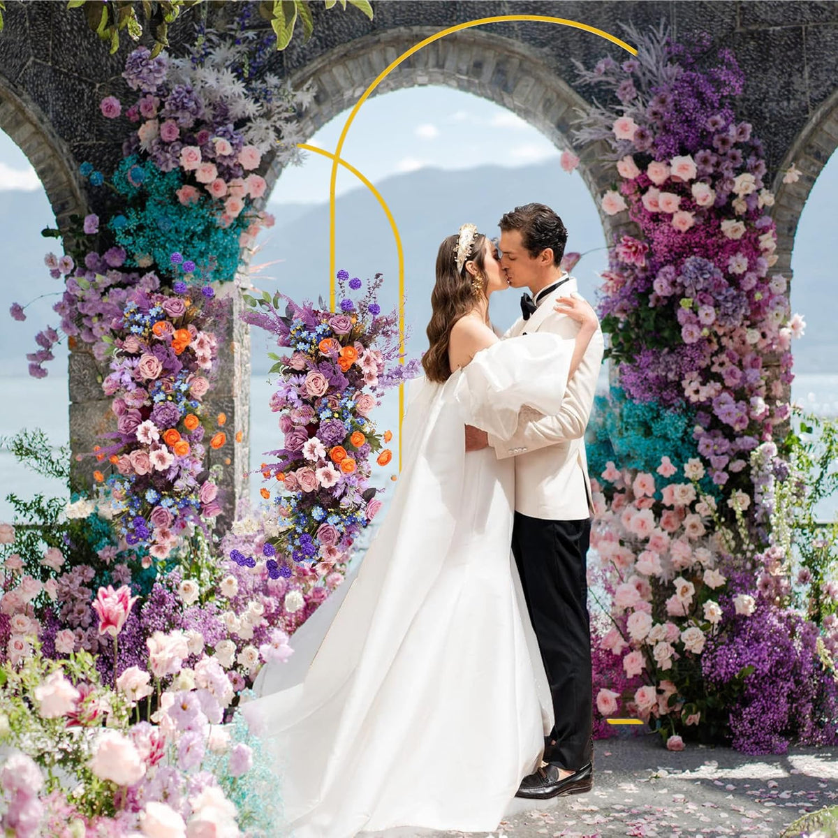 Putros Metal Arch Backdrop Stand Gold Wedding Arch Stand Set of 2 (7.2FT/6FT) Square Arched Frame