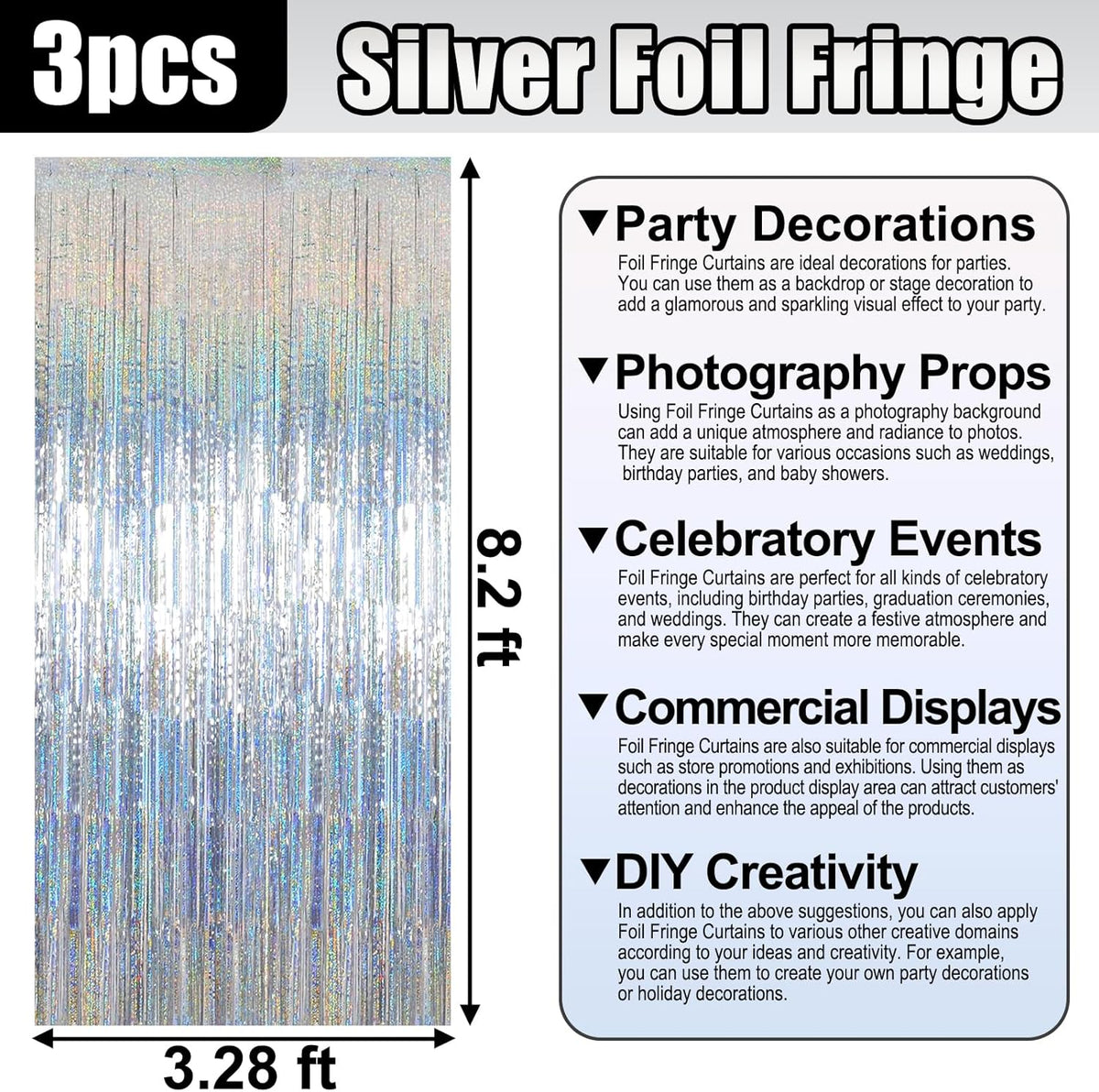 3 Pack Silver Foil Fringe Curtain Backdrop, 3.28Ft x 8.2Ft Metallic Tinsel Foil Fringe Streamer