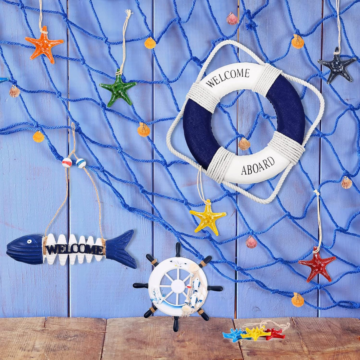 Marsui 11 Pcs Wooden Nautical Wall Decor Fishing Net Decorations, Include Decorative Fishing Net