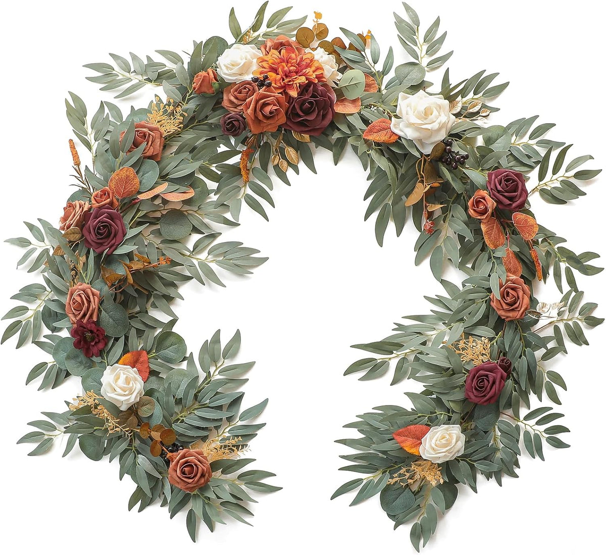 Floroom 6ft Artificial Eucalyptus Garland with Flowers Fake Greenery Burnt Orange Faux Floral Vine
