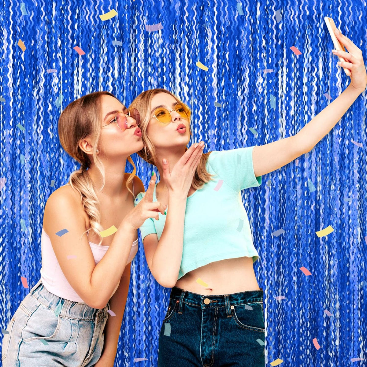 4 Pack Blue Wave Foil Fringe Curtain Backdrop, 3.28Ft x 8.2Ft Metallic Tinsel Foil Fringe Streamer