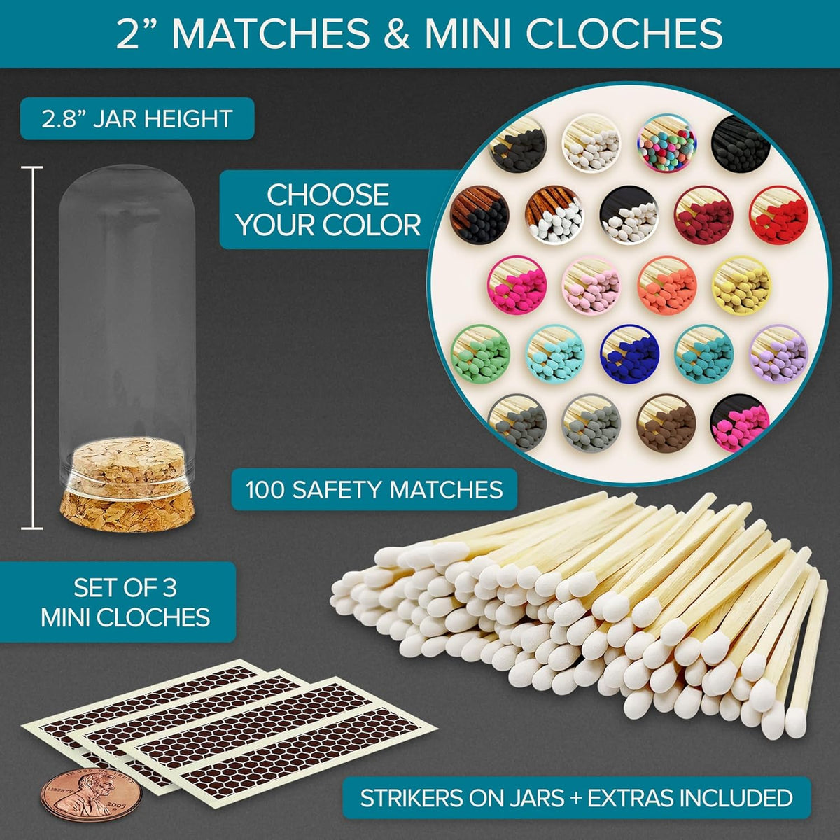 2" Matches in 3 Mini Glass Cloche Jars + Striker Stickers Included | 100 Matchsticks Color of Your